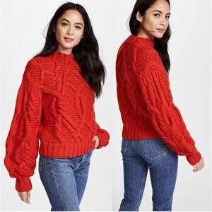 Ulla Johnson Pilar Chunky Cable Knit Crewneck Sweater Crimson Red Size PS/Small